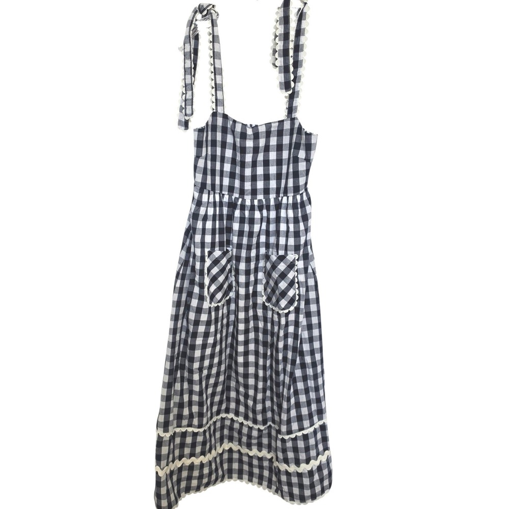 Entro Navy Gingham Plaid Maxi Dress Ric-Rac Trim Tie Straps Smocked Back Medium
